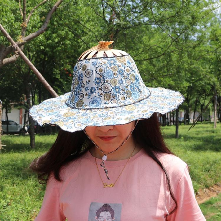 Foldable Hand Fan Sun Hat 2 In 1 Chinese Style Portable Floral Printed Handheld Fan Beach Cap Bamboo Hat