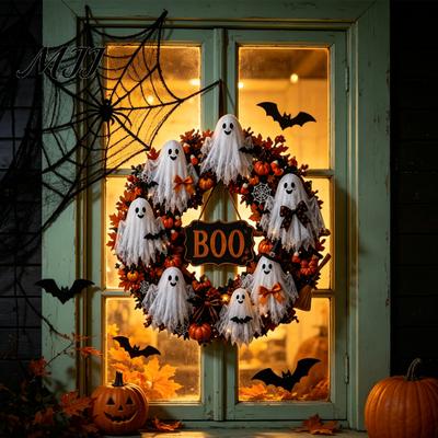 Indoor Outdoor Festive Decoration Halloween Boo Ghost Wreath, Spooky Door Hanging with Pumpkins Autumn Front Decor And Spider Webs for Porch,