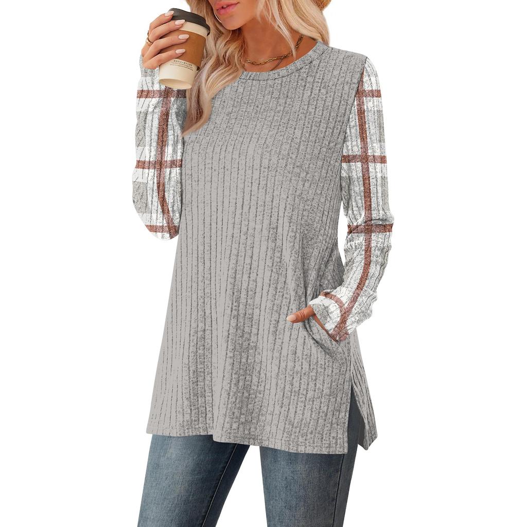 Women's Striped Printed Round-neck Long-sleeved Top With Pockets And Side Slits