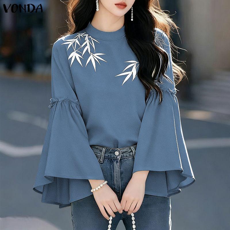 VONDA Damen Stehkragen Langarm Schlagarm Stickerei Elegant Lässig Bluse