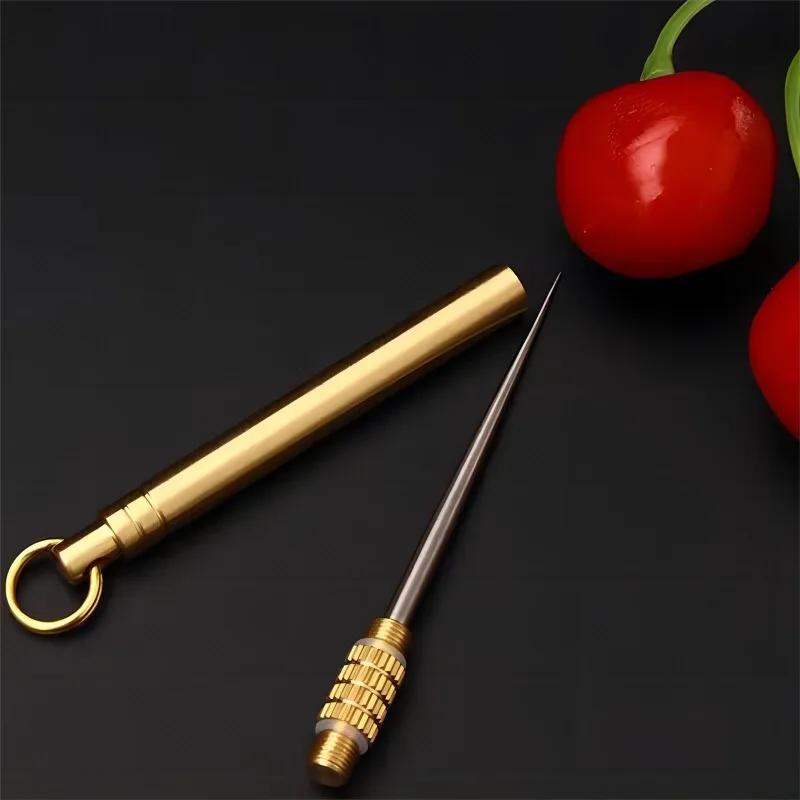 Titanium Alloy Integrated Toothpick Detachable Outdoor Camping Portable Mini Brass Toothpick Barrel Multifunctional Fruit Pick