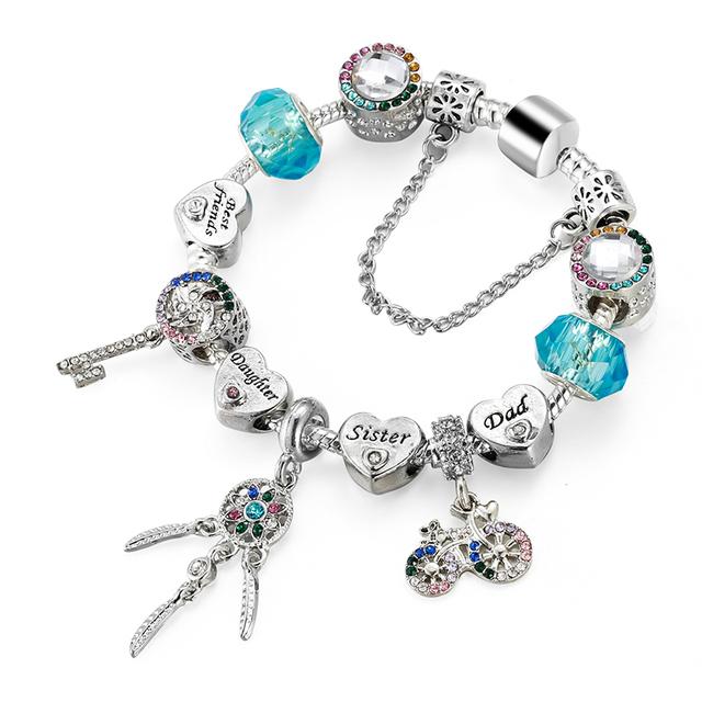 Μόδα αντίκες ασημένια επιμεταλλωμένα Pa βραχιόλια & βραχιόλια Crystal Heart Charm Beads βραχιόλι για γυναίκες Diy πρωτότυπο δώρο κοσμημάτων