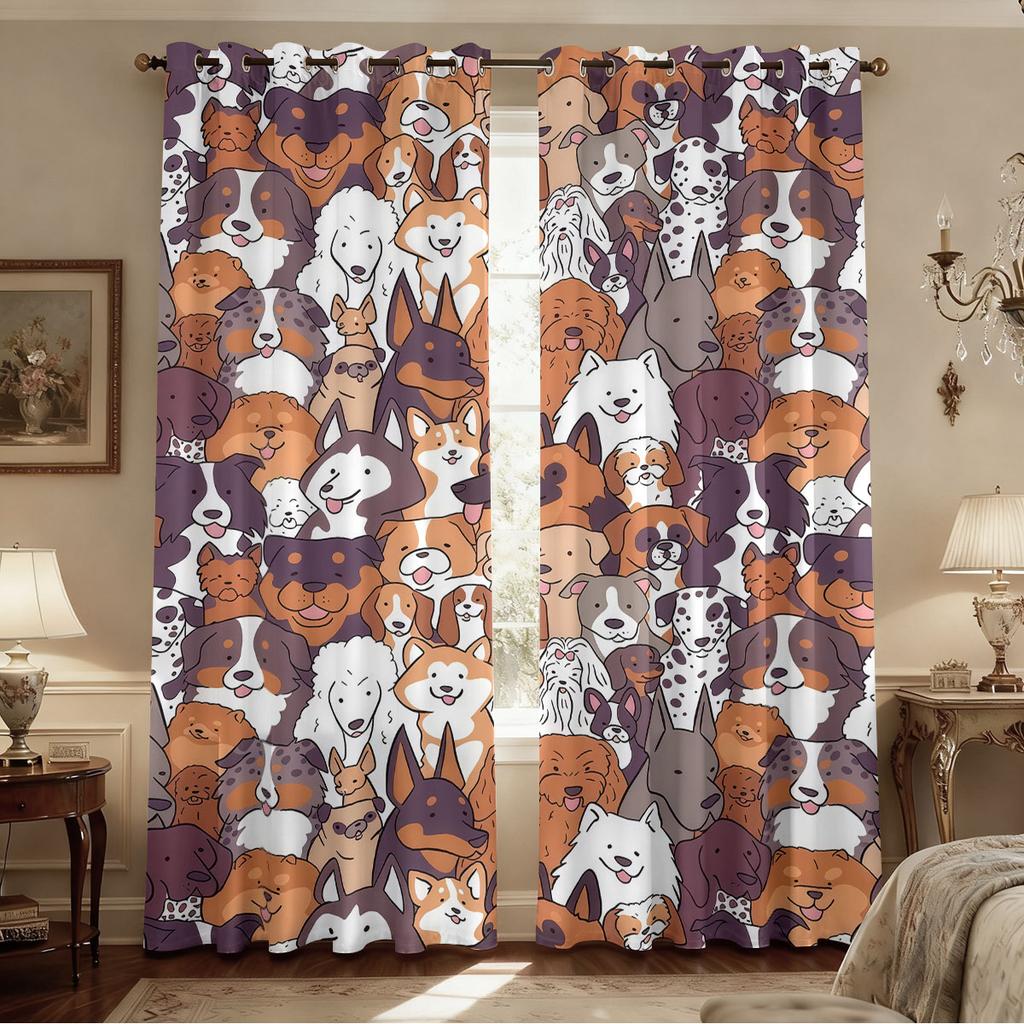 Set Of 2 Cartoon Colored Puppy Park Printed Perforated Curtains Various Sizes Living Room Bedroom Insulation Decoration Light Blocking Made Polyester