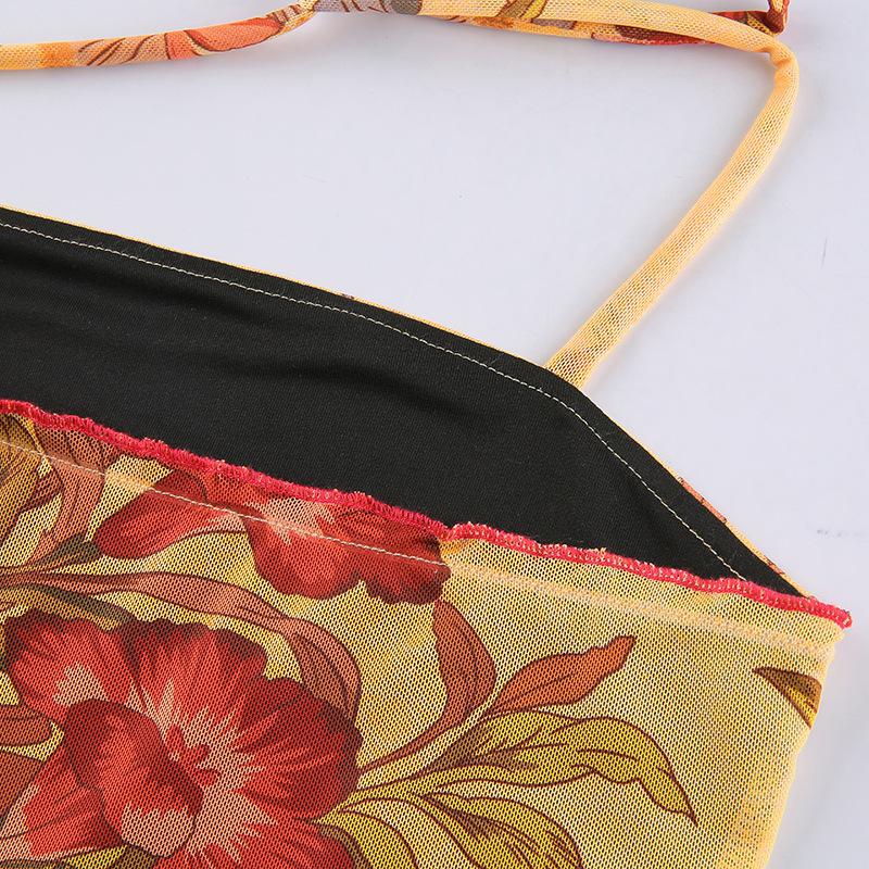 Y2K Mesh, gjennomsiktig blomstert-skjorte, vintage grimeoverdeler, ermeløse, slim fit crop top, Harajuku Streetwear