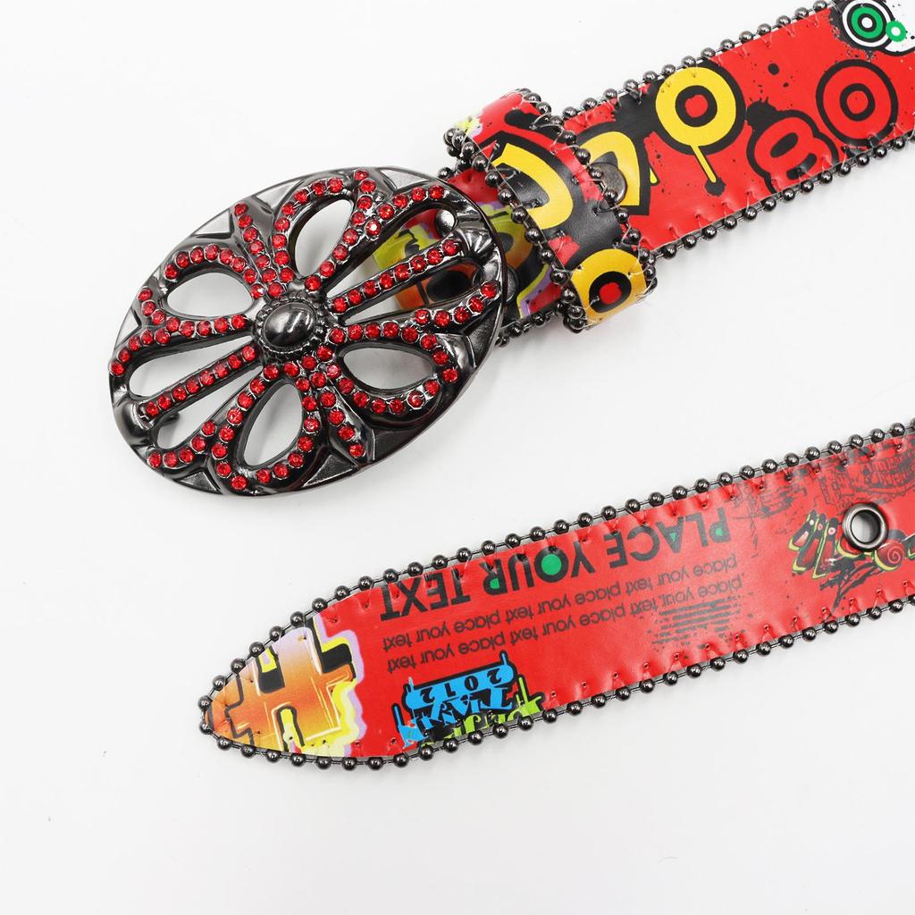 Croatian Rhinestone Graffiti Leather Y2K Belt: Versatile European & American Style