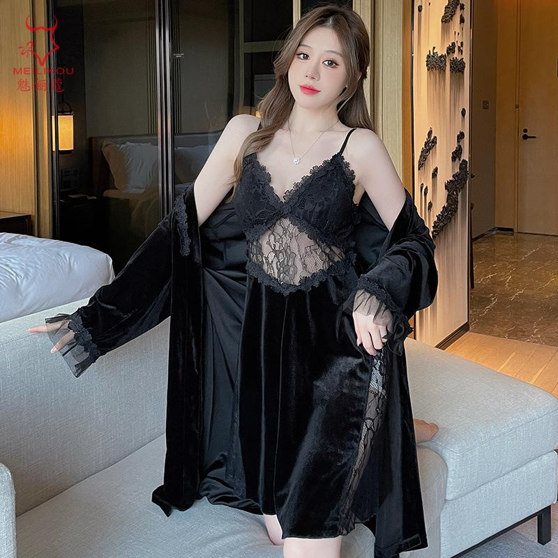 Golden velvet sexy long dress women's autumn and winter home pure desire large size suspender lace temptation suit