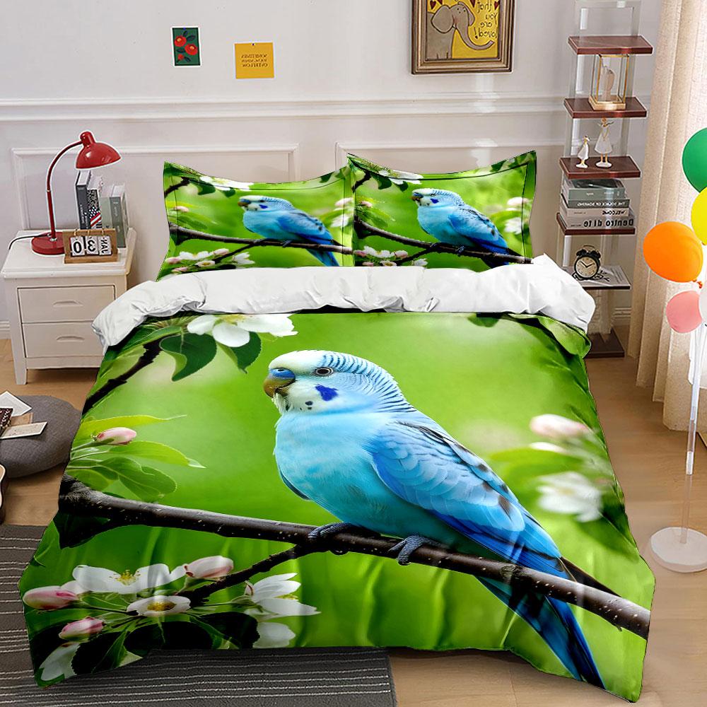 Blue parrot with flowers. Bedding sets Duvet cover sets Duvet covers Pillowcases(1* Duvet Cover 2* Pillowcases without duvet insert) 135x200cm