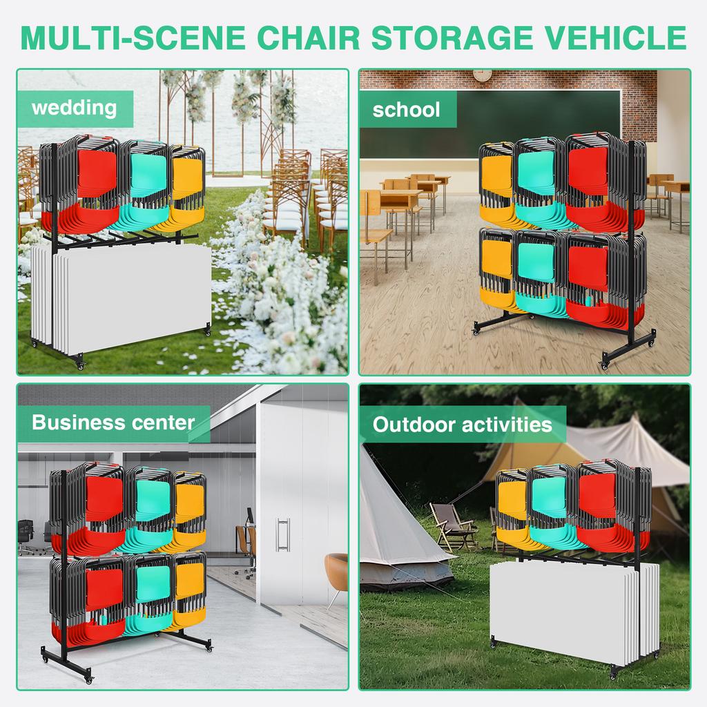 Folding Chair Storage Dolly with Locking Rubber Wheels Heavy Duty Chair Transport Mobile Seat Organizer for 12 Tables+42 Chairs