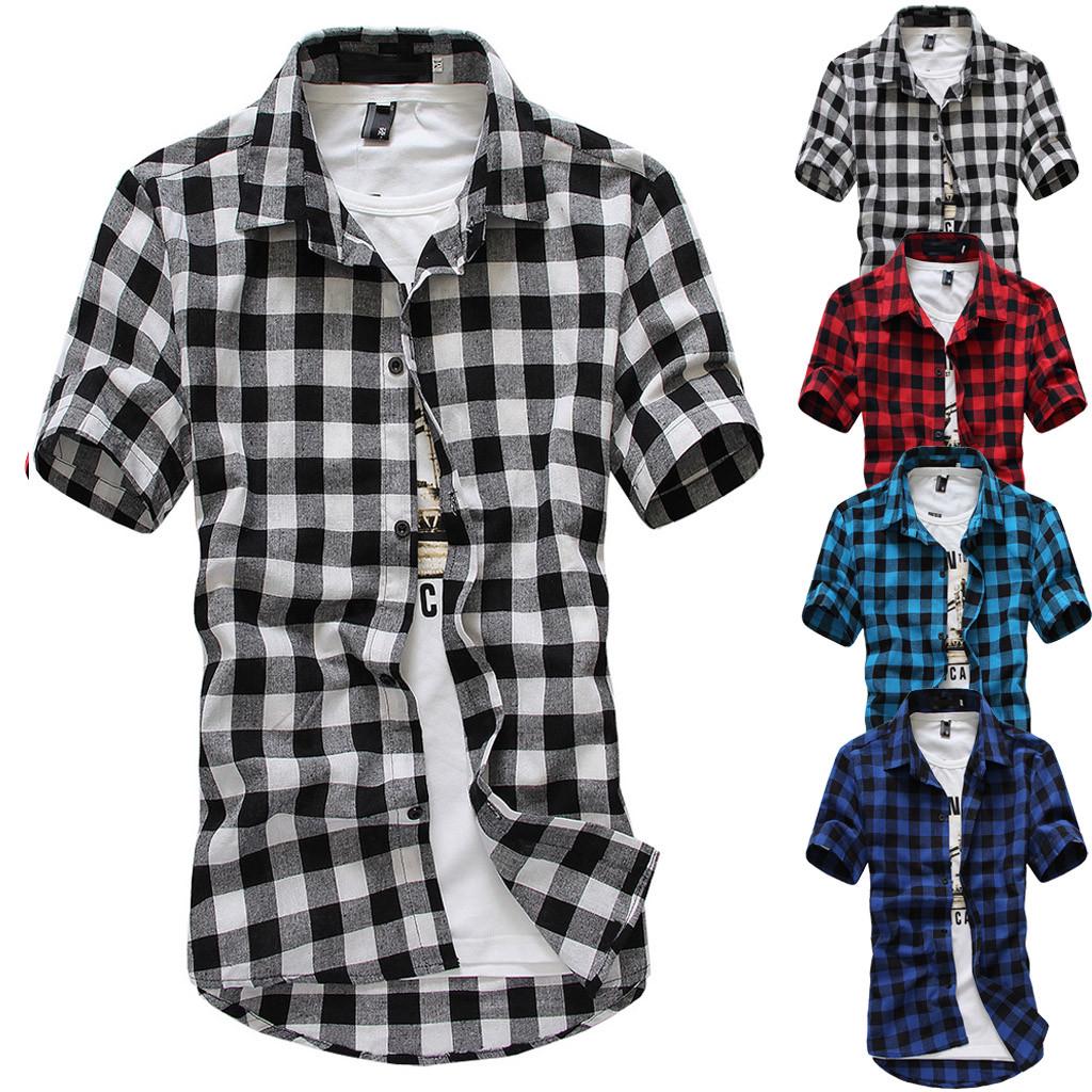Mens Short Sleeve Lattice Plaid Painting Large Size Casual Top Blouse Shirts,men Blouse