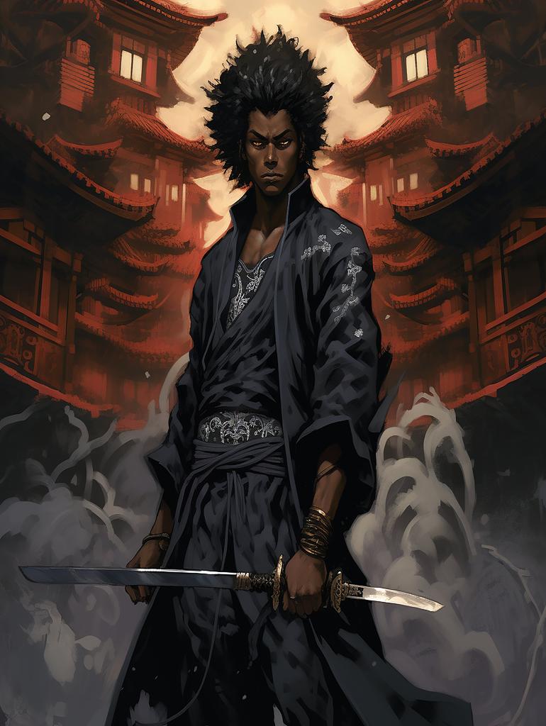 Anime Schwarzer Samurai Sammlung Kunst Wandteppich Manga Comic Slayer Krieger Held Japanischer Ronin Katana Yasuke Display