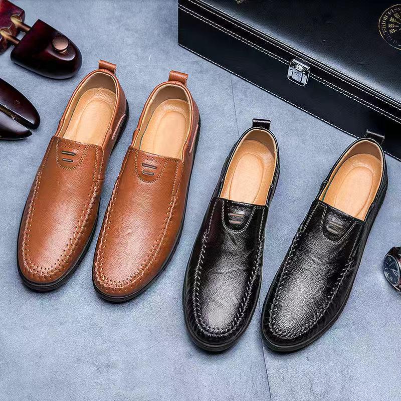 Frühling Atmungsaktive Herren Lederschuhe Casual All-Match Slip-on Flache Schuhe Bequeme Atmungsaktive Mokassins Fahrschuhe