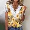 V Neck Lace Short Sleeve Print Ladies Top Summer Fashion Casual V Neck Print Short Sleeve Lace Sleeve T-Shirt Top