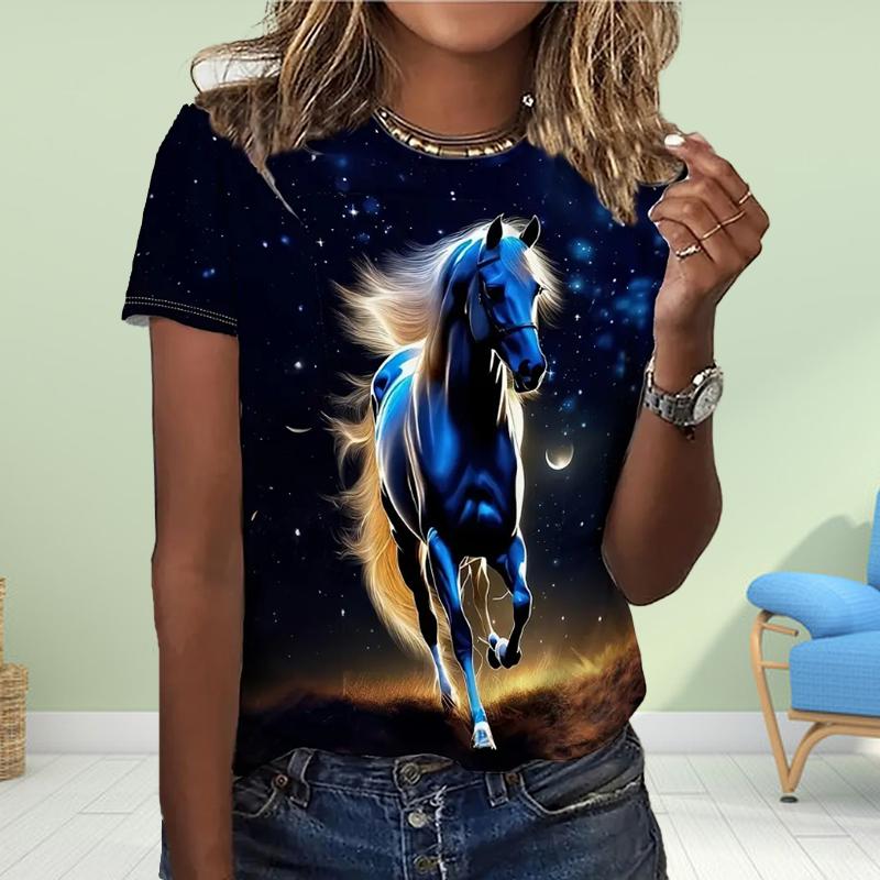 Fashion Women Fine Horse Print T Shirt Funny Casual O-neck Short Sleeves T-shirt Summer Female Tee Shirt