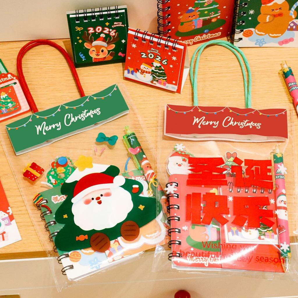 4pcs Christmas Stationery Gift Stationery Set with Handbag Students Rewards Coil Notebook Gel Pen Pendant Sticky Notes/Bookmarks