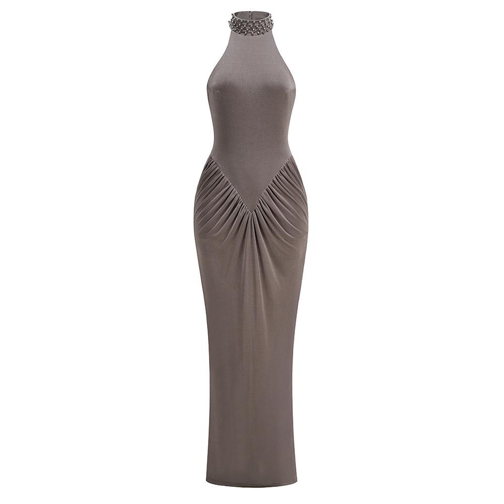 

Ladies Slim Fit Pleated Hanging Neck Backless Socialite Dress Long Dress L серый