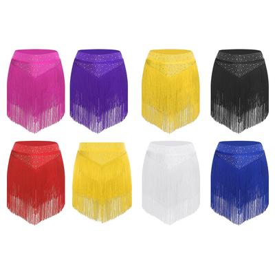 Womens Salsa Dance Skirt Latin Performance Wear Elastic Waistband Tiered Tassel Design Competition Costume
