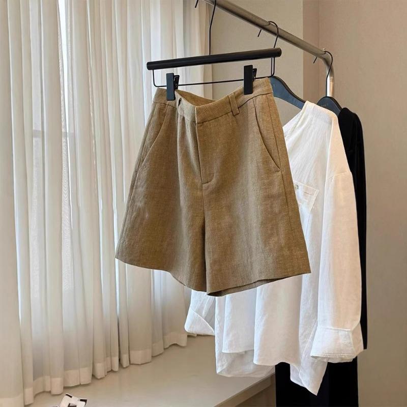 Women Summer High Waist Khaki Thin Wide Leg Casual Cotton Linen Shorts S хаки