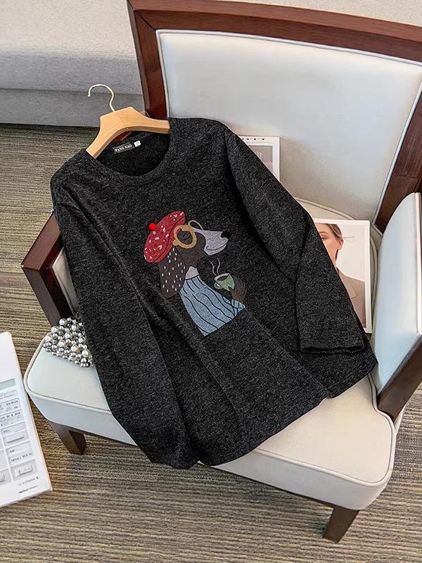 2026 Spring Women's Plus Size Dog Print Round Neck Hoodie, Long Sleeve Pullover, Extra Large 300 Jin Size.