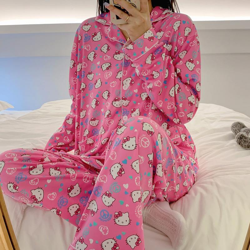 Pajamas women's spring and autumn imitation cotton high value fresh and sweet love women's long-sleeved trousers set loose loungewear