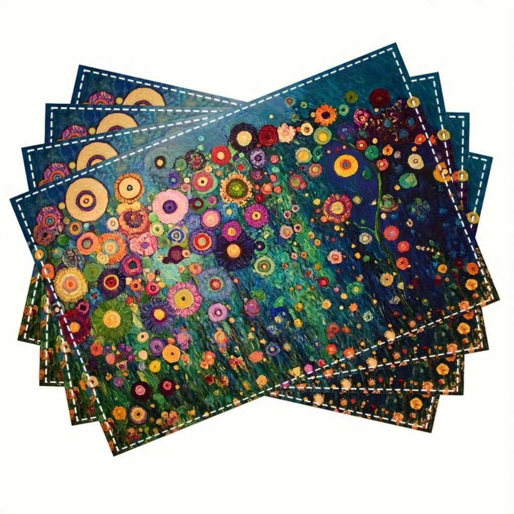 Of 4 Placemats Featuring Gustav Klimt'S Floral Designs, Stylish Printed Patterns, Faux Linen Table Mats Suitable for Dining, Kitchen 12.0X18.0 Inch.