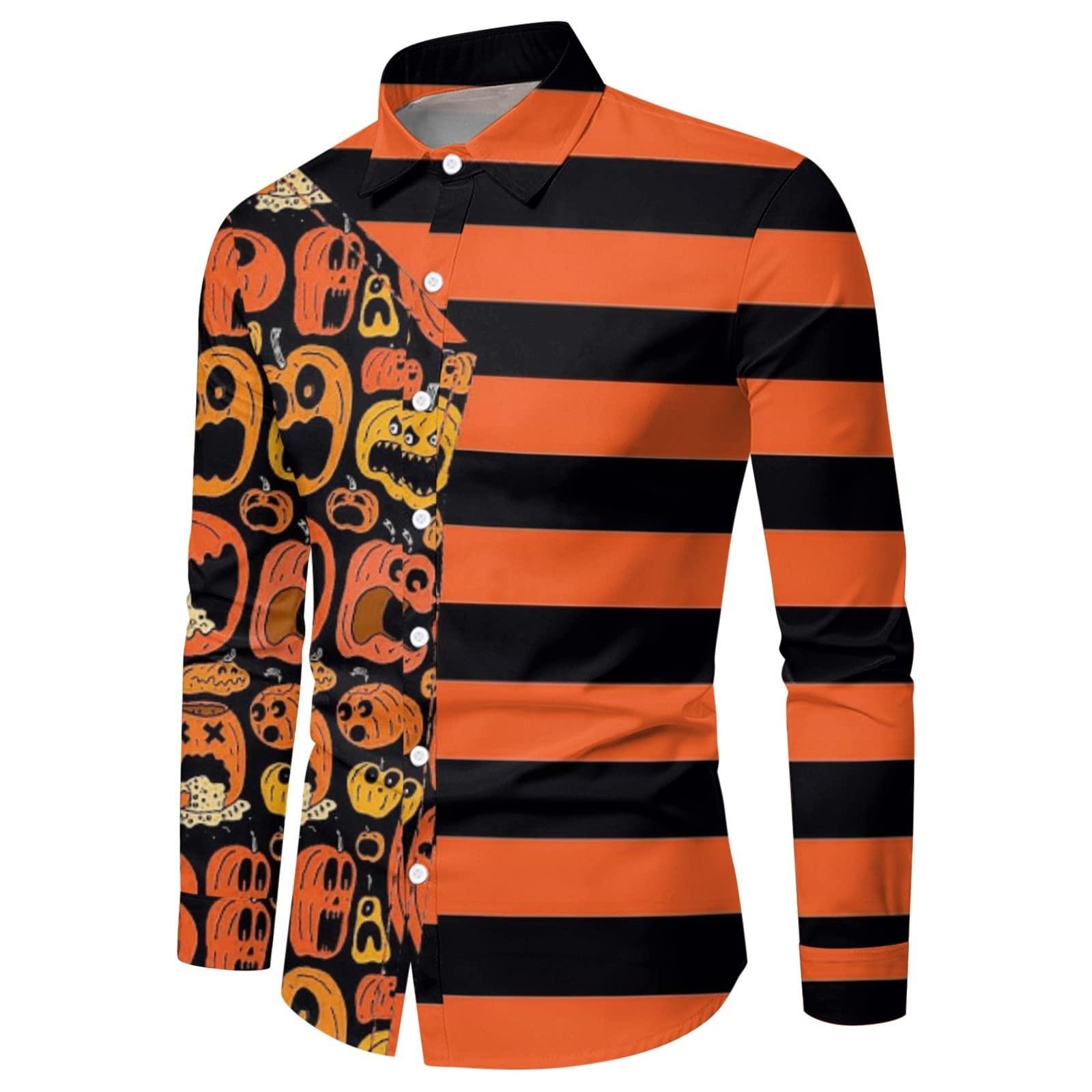 

Мужская рубашка на Хэллоуин с тыквой, приталенная рубашка на пуговицах с длинным рукавом, забавная гавайская пляжная рубашка, тематическая одежда для вечеринок L оранжевый