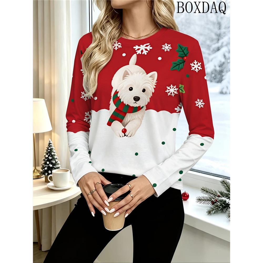 Women's Christmas Fox Cute Animals Print T-Shirt O-Neck Long Sleeve Autumn Casual  T-Shirts Loose Fashionable Women's Clothing