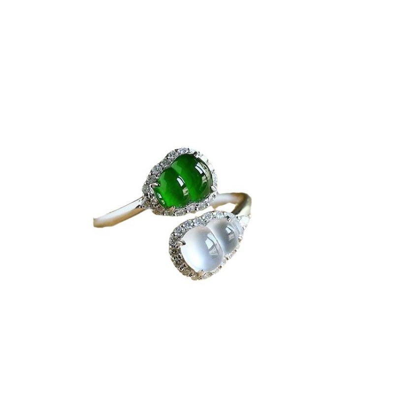 Silver 925 Inlaid Green and White Dual Tone Natural Chalcedony Gourd Rings for Women Exquisite and Fashion Ring Jewelry Gifts