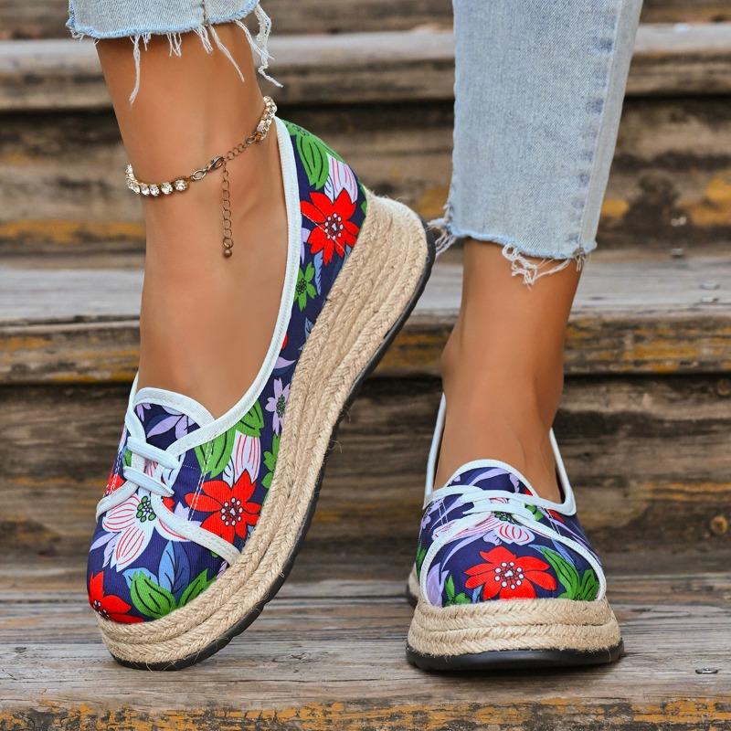 Mode Mode Einzelne Schuhe Herbst Neu Runde Zehenpartie Flacher Ausschnitt Bedruckt Stroh Plateau Rutschfest Abriebfest Kitten Heel Schuhe