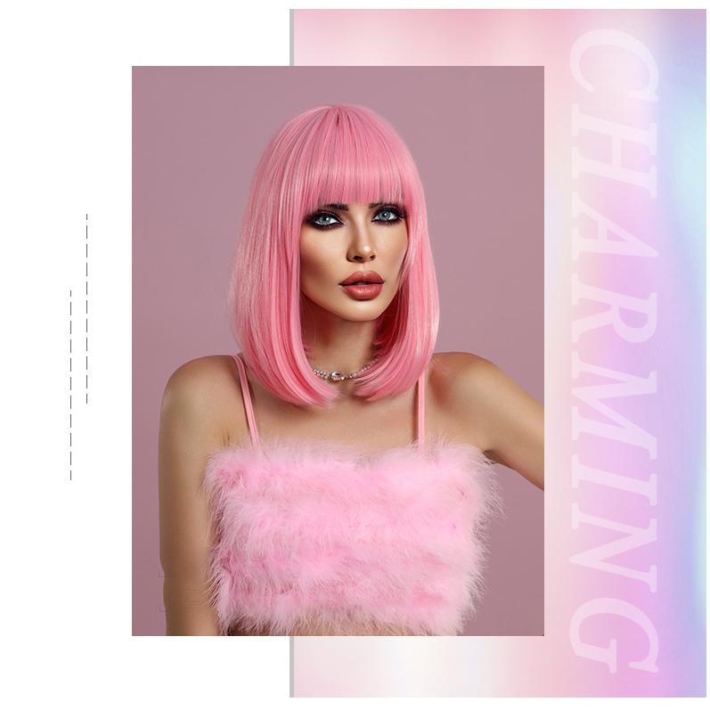 Women's Simulation Wig 36cm Hair Short Straight Wig Full Headgear Rose Hair Net Headdress Beauty Decoration Wig