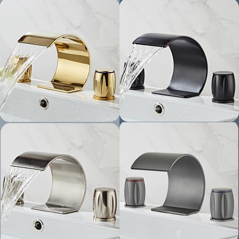 Basin Faucet 3 Holes Double Handles Bathroom Waterfall Faucet Nickel Finished Three Pieces Bathroom Bathtub Faucet Crane Tap