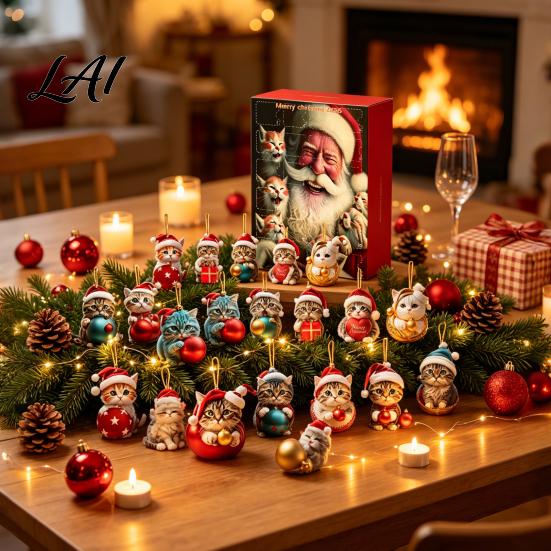 Christmas Tree Ornament Set Cat Advent Calendar 24 Days Countdown Cute 2D Kitten Holiday Car Rearview Mirror Decor Ornaments for Party Decor