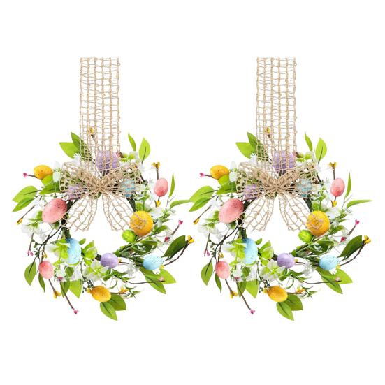 Small Easter Egg Wreath for Front Door Artificial Spring Colorful Eggs Wreath Farmhouse Hanging Kitchen Cabinet Wreath with Ribbon