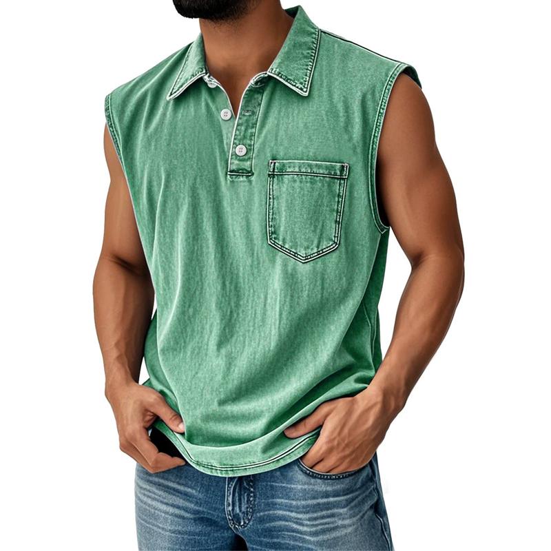 Men's Vintage Wash Sleeveless Polo Shirt Casual Denim Look Tank Top Button Down Vest Summer Beach Streetwear