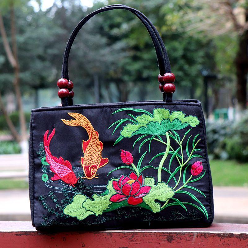 Ethnic Chic Double Wooden Bead Tote Bag - Reversible Double-Sided Floral Embroidery Boho Purse for Women, Tribal Pattern Casual Handbag