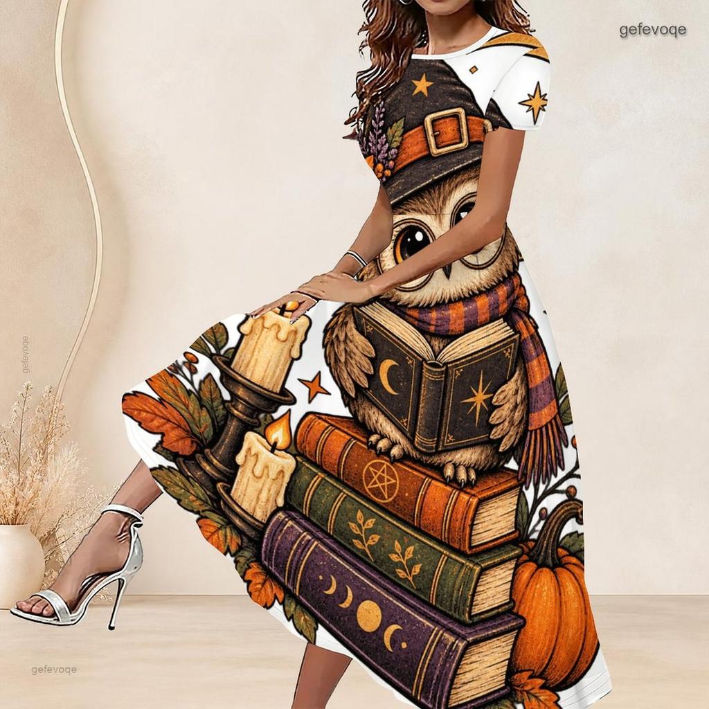 Women Plus Size Round Neck Short Sleeve Printed A Line Long Dress Halloween Raccoon Pumpkin Pattern