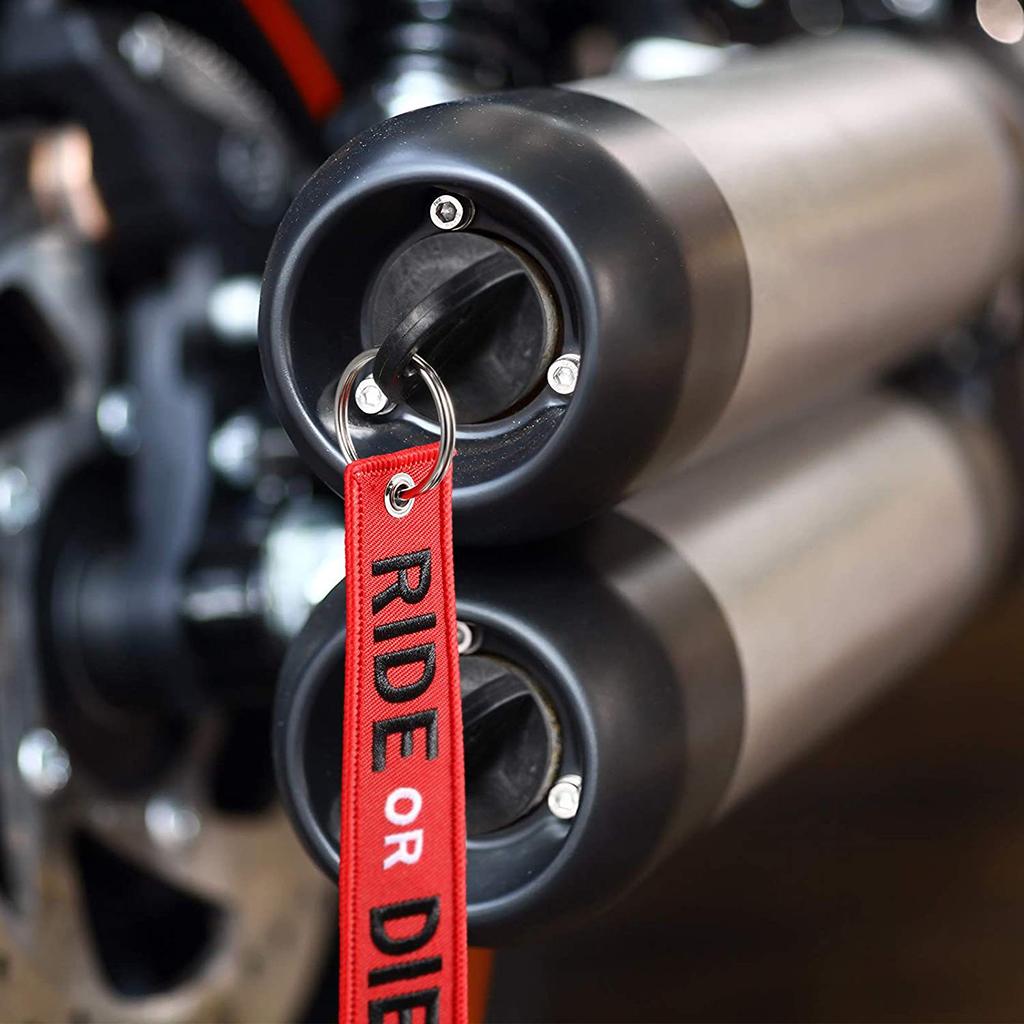Portable Small Black Exhaust Silencer Pipe Wash Plug with Embroidery for Key Holder Red RIDE OR DIE Keychain