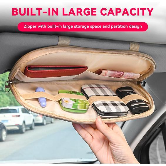 Car Sun Visor Organizer, Multi-Pocket PU Leather Sunglass Holder And Storage Pocket With Net Zipper, Card Sleeve Pocket Organizer, Auto Interior