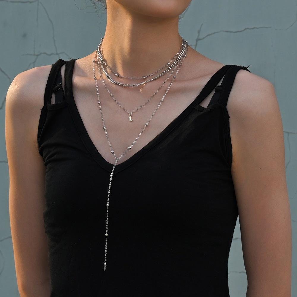 Personalized stacked wind women's multi-layer chain necklace moon mixed bead long metal necklace collarbone chain