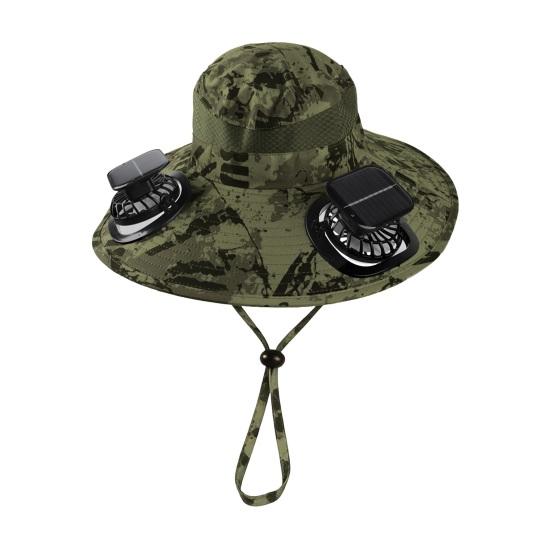 Fisherman Hat with Dual Brushless Cooling Forehead Neck Solar Fans UPF50 Anti-UV Fabric Wide Brim Adjustable