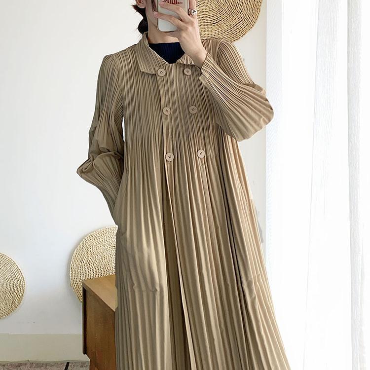 Women Pleated Trench Coat Long Loose Double Breasted Spring Autumn Fashion Versatile Pure Color Outerwear