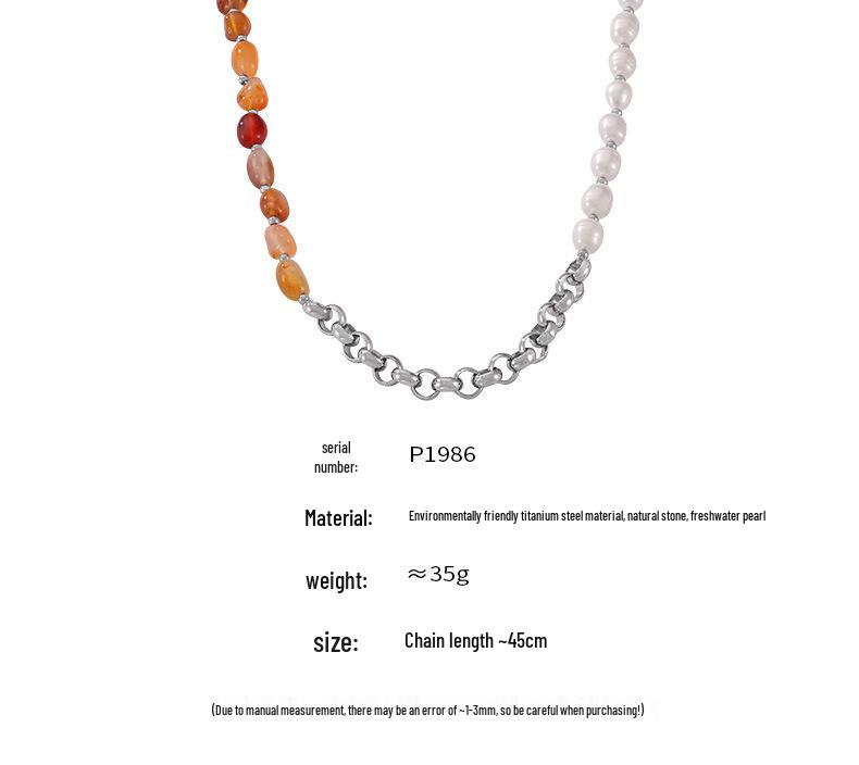 Elegant 18k Gold-Plated Titanium Necklace: Natural Stone, Pearl Beads & O-Chain
