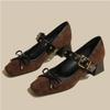 Fashion Square Toe Leopard Lady Pumps Autumn New Women Mid Heels Shoes Trend Famale Elegant Bow One Strap