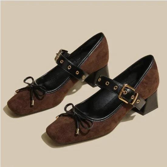 Fashion Square Toe Leopard Lady Pumps Autumn New Women Mid Heels Shoes Trend Famale Elegant Bow One Strap