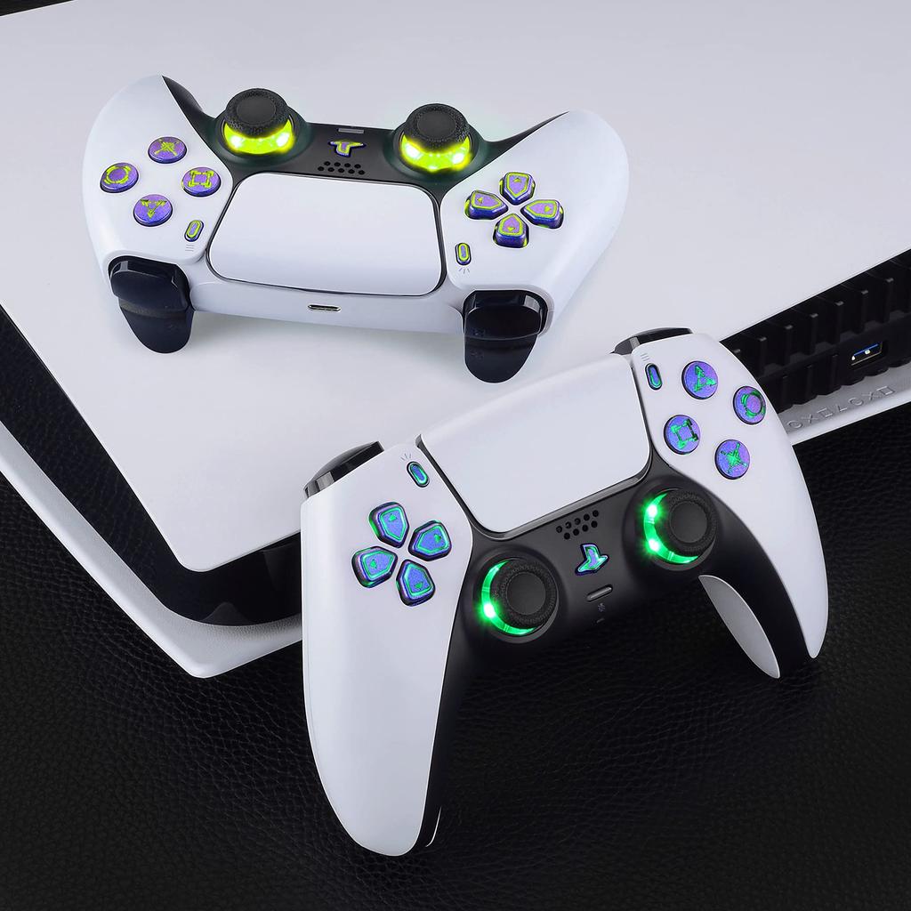 This is not a but an eXtremeRate PS5 controller compatible Chameleon Gloss multicolor illuminated Share and home face DTF V3 LED kit in Chameleon