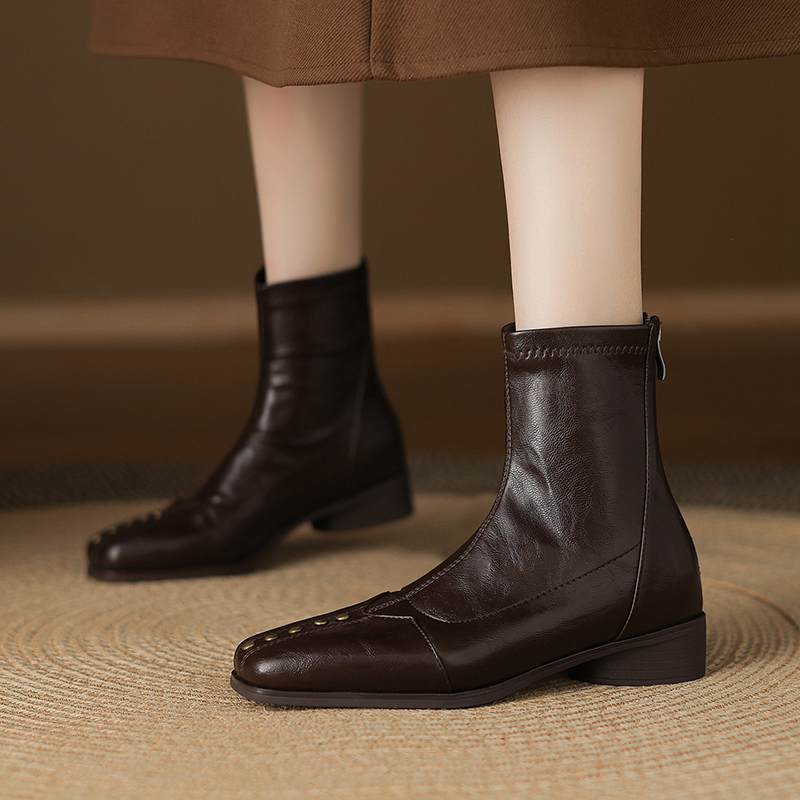 Krazing Pot Microfiber Winter Square Toe Modern Size 33 Boots Size 43 Metal Rivets Med Heels Zipper Women Ankle Boots