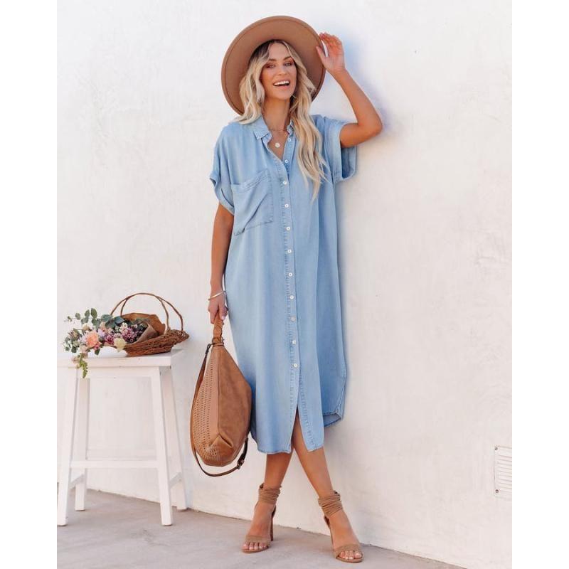 European Loose Split Denim Short Sleeve Dress