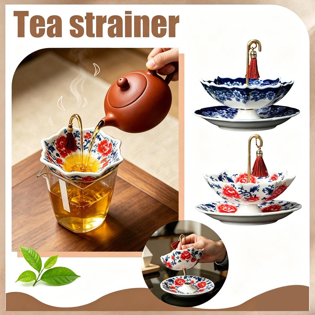 Porzellan-Teesieb mit Blumenmuster und Griff, Chinesischer Stil, Keramik-Teefilter mit passender Untertasse für die Zubereitung von losem Tee
