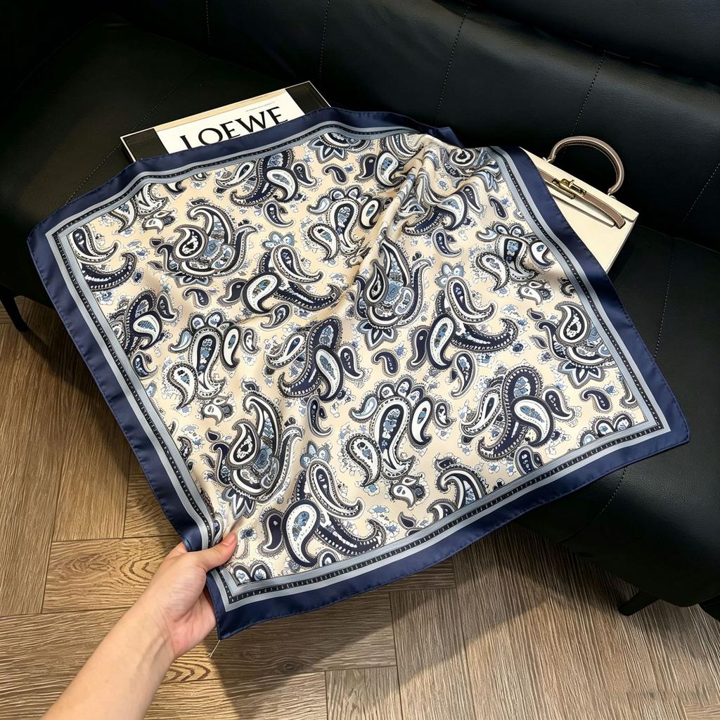 71Cm New Chinese Simulation Silk Square Scarf Soft and Skin-friendly Ink Flower Rhyme Printing Silk Scarf Neck Sunscreen Small Scarf