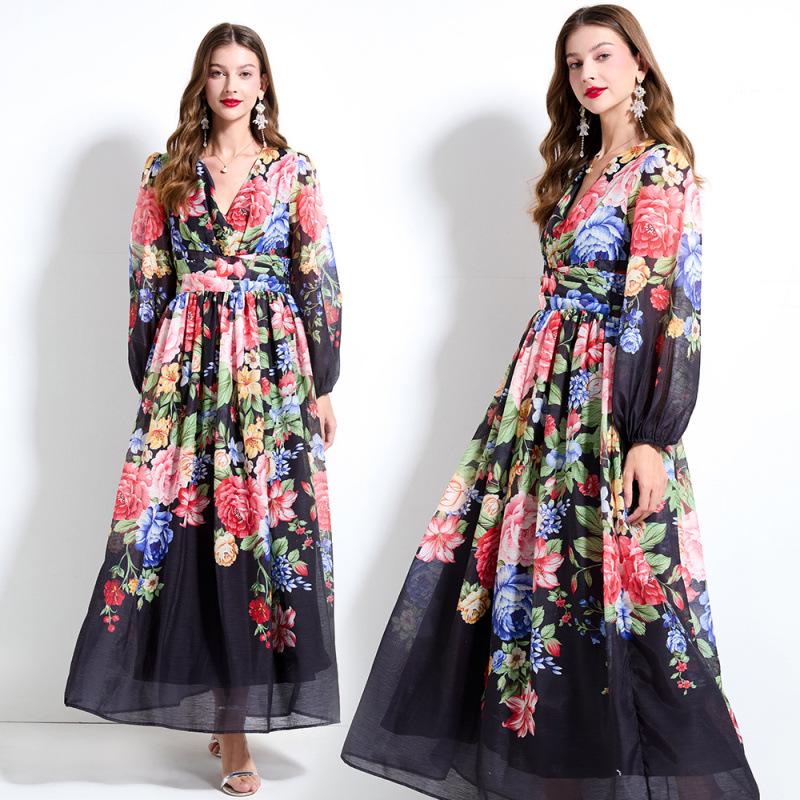 

Spring/Summer 2025 V-Neck Floral Print Ruffled Dress with Lantern Sleeves M чорний
