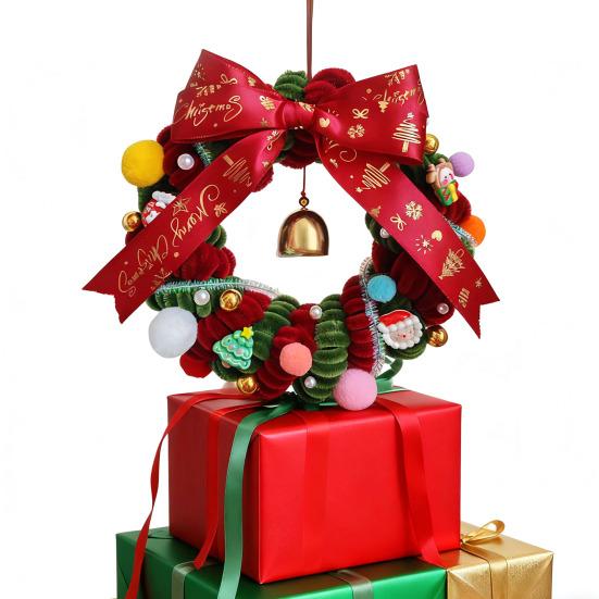 Yousheng 1 Set Christmas Wreath Kit with Red Green Pipe Cleaner Bell Santa Reindeer Charm Ribbon DIY Handmade Xmas Tree Holiday Party Hanging Wreath